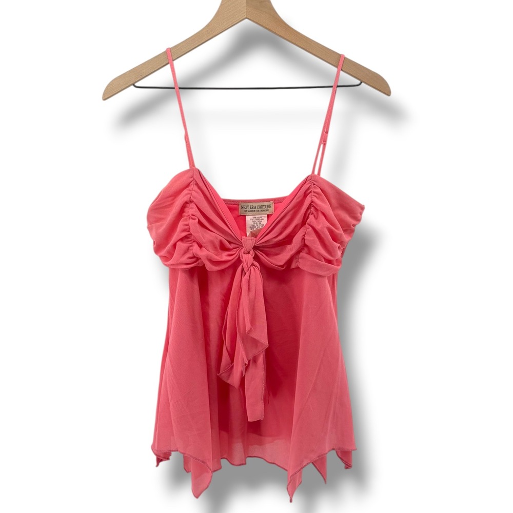 Vintage Babydoll Y2K Coral Pink Mesh Top Tie Front Handkerchief XL Fairy Grunge